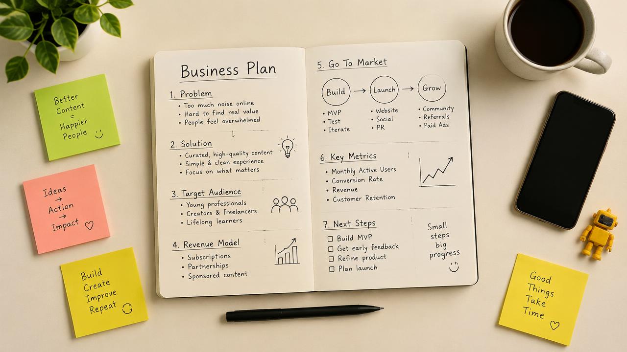 Notebook with a handwritten business plan and colorful sticky notes