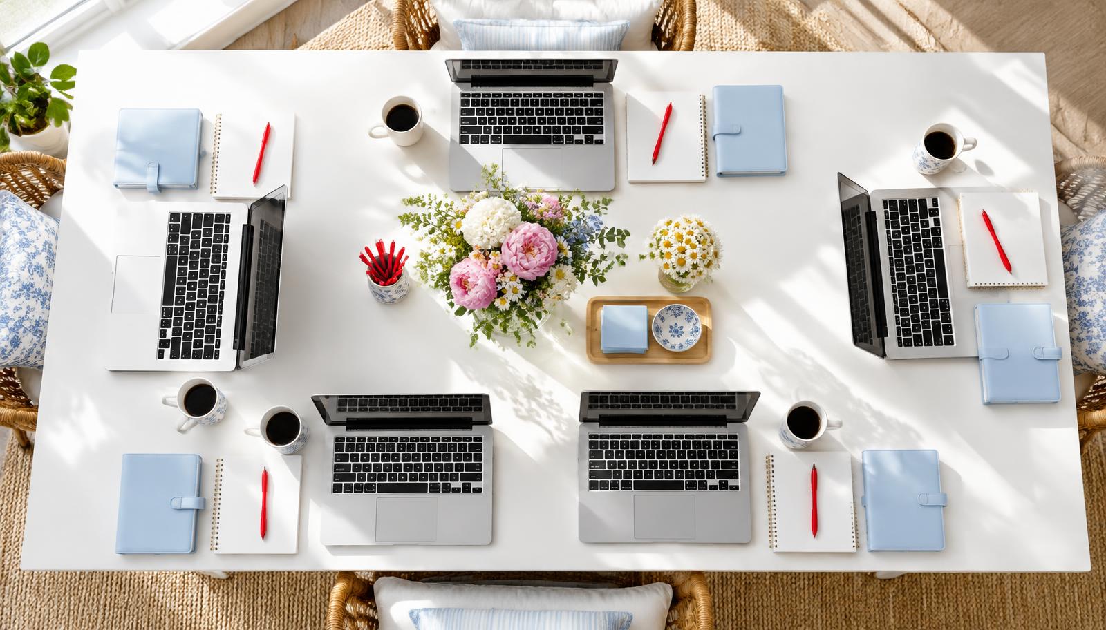 An illustrative workspace set for five, with laptops, notebooks, and coffee